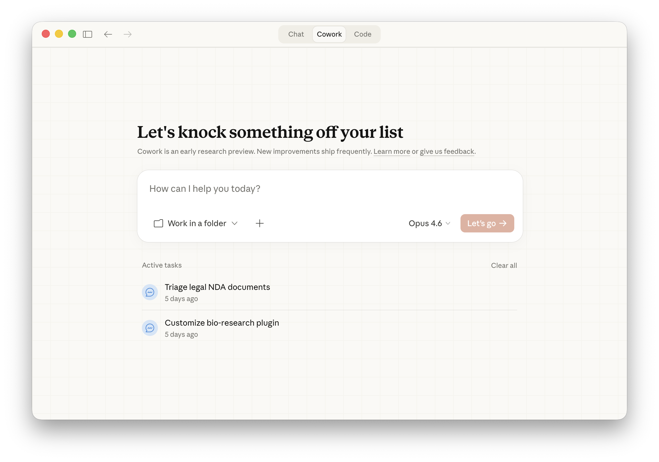 Claude Desktop app showing Chat, Cowork, and Code tabs